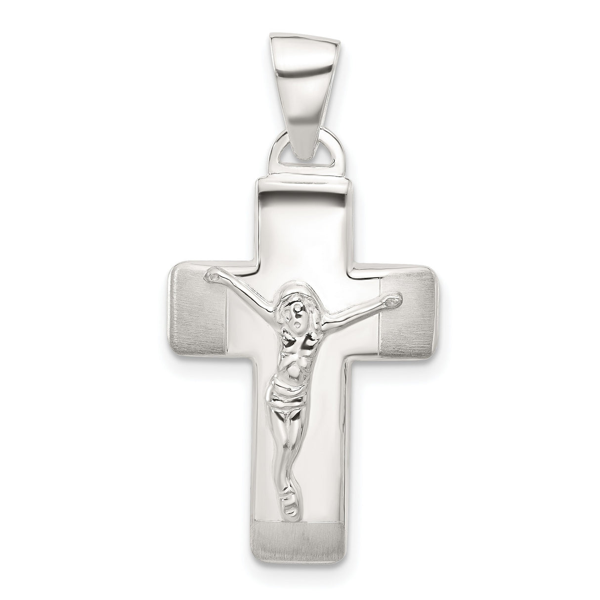 Sterling Silver Crucifix Cross Pendant with Polished and Satin Finish, Christian Religious Design