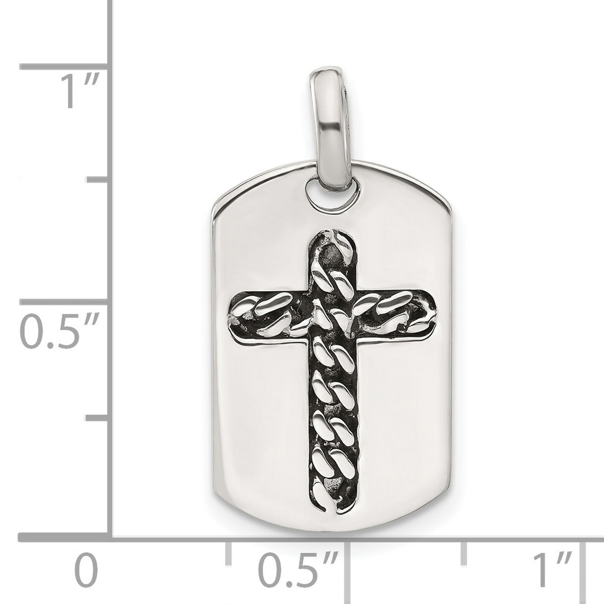 Sterling Silver Cross Pendant Dog Tag with Curb Chain Inlay and Textured Design
