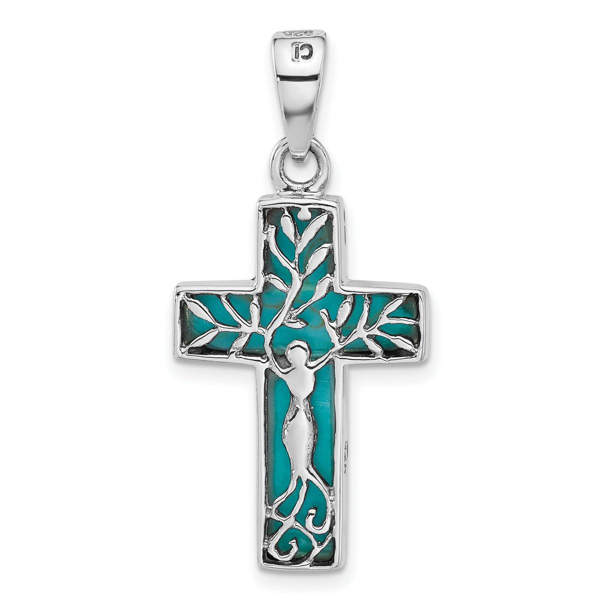 Sterling Silver Reversible Cross Pendant with Turquoise and Tree of Life Design