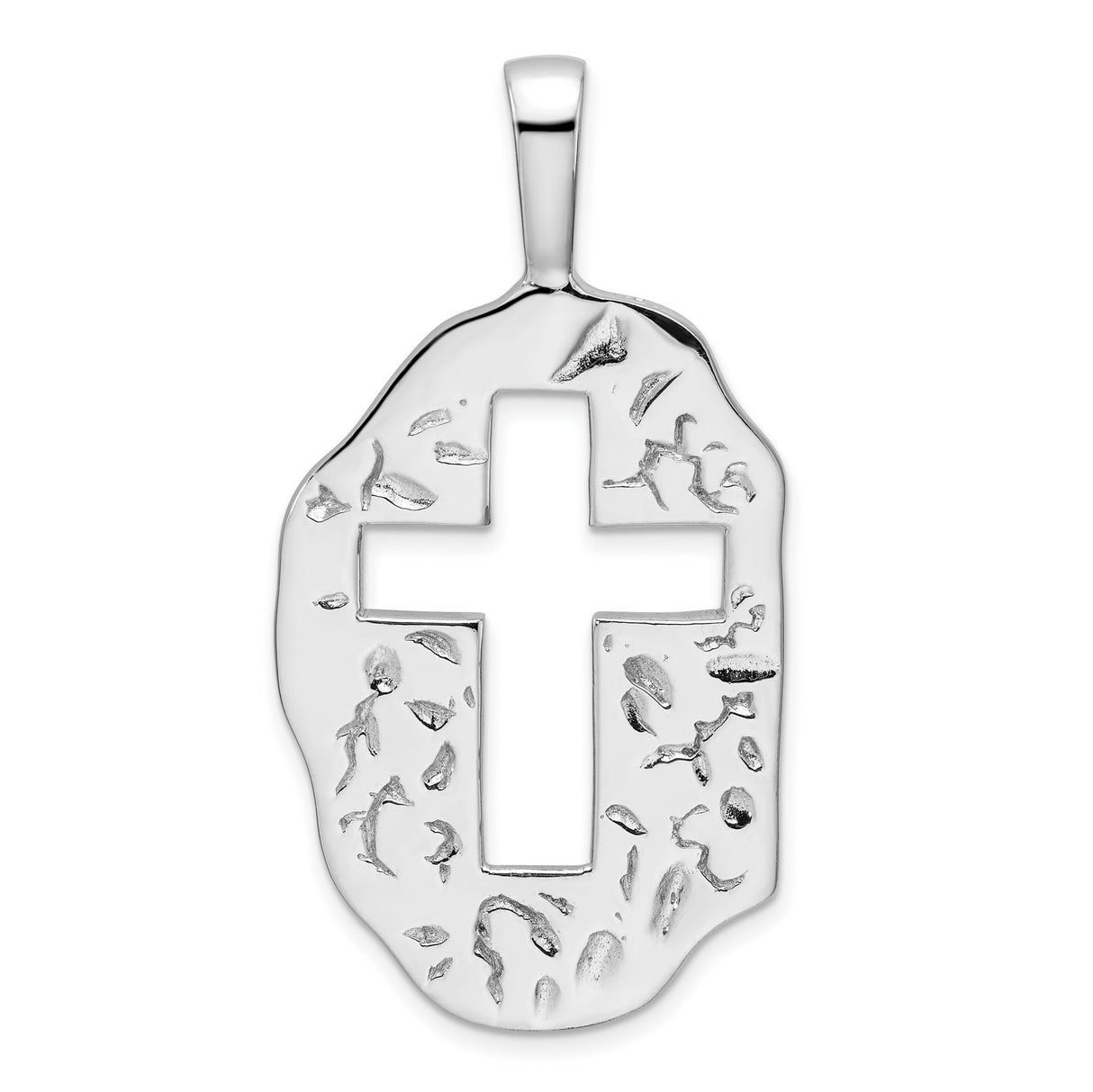 Sterling Silver Oval Cross Pendant with Hammered and Openwork Design Reversible Charm