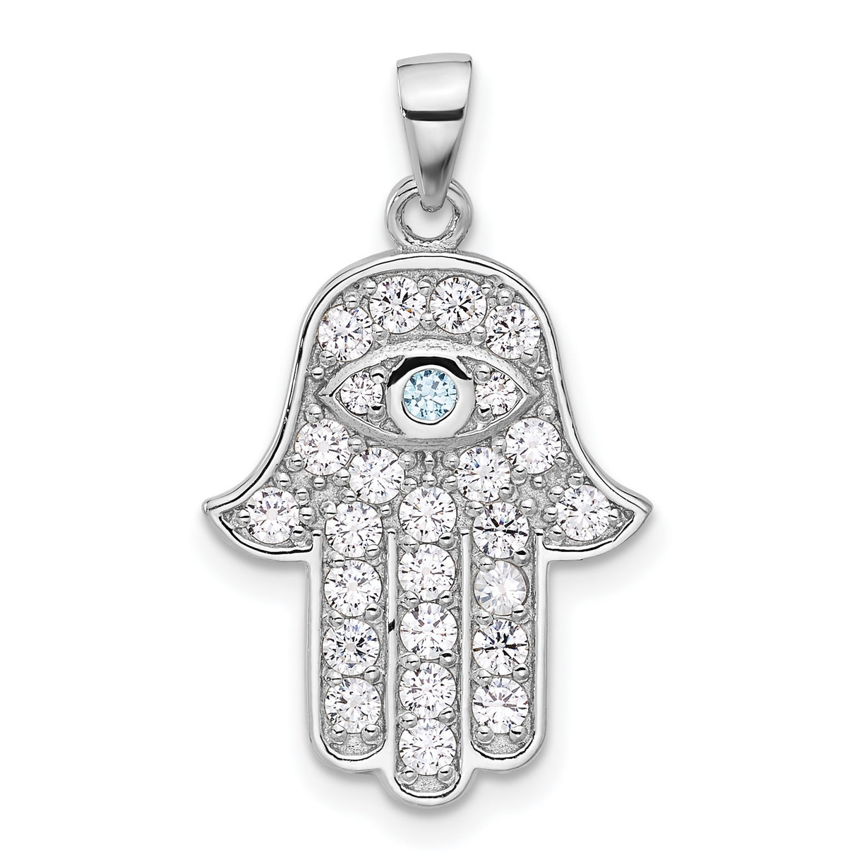 Sterling Silver Hamsa Hand Pendant with Cubic Zirconia and Evil Eye Symbol