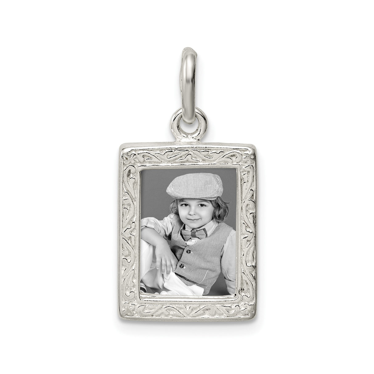 Sterling Silver Photo Pendant with Border Design, Rectangular Frame Keepsake Locket