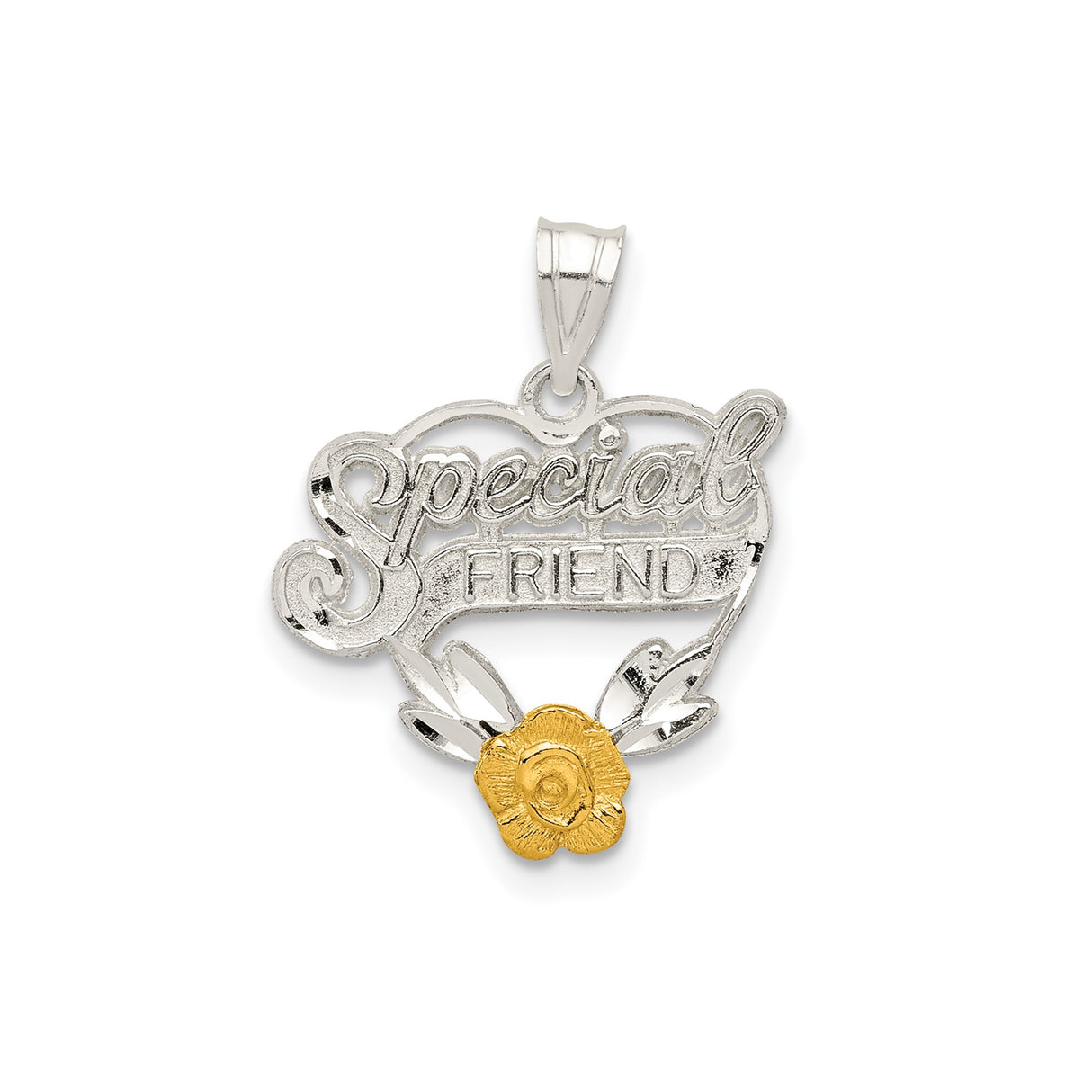 Sterling Silver Pendant, Two Tone Heart with Gold Tone Rose, Special Friend Engraving