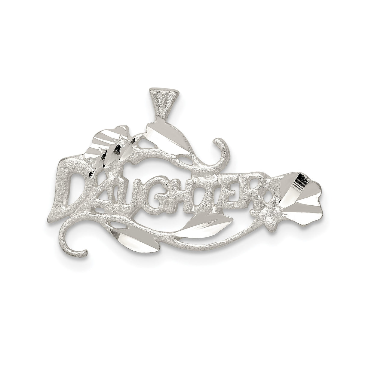 Sterling Silver Daughter Pendant with Floral Leaf Accents and Decorative Script Charm
