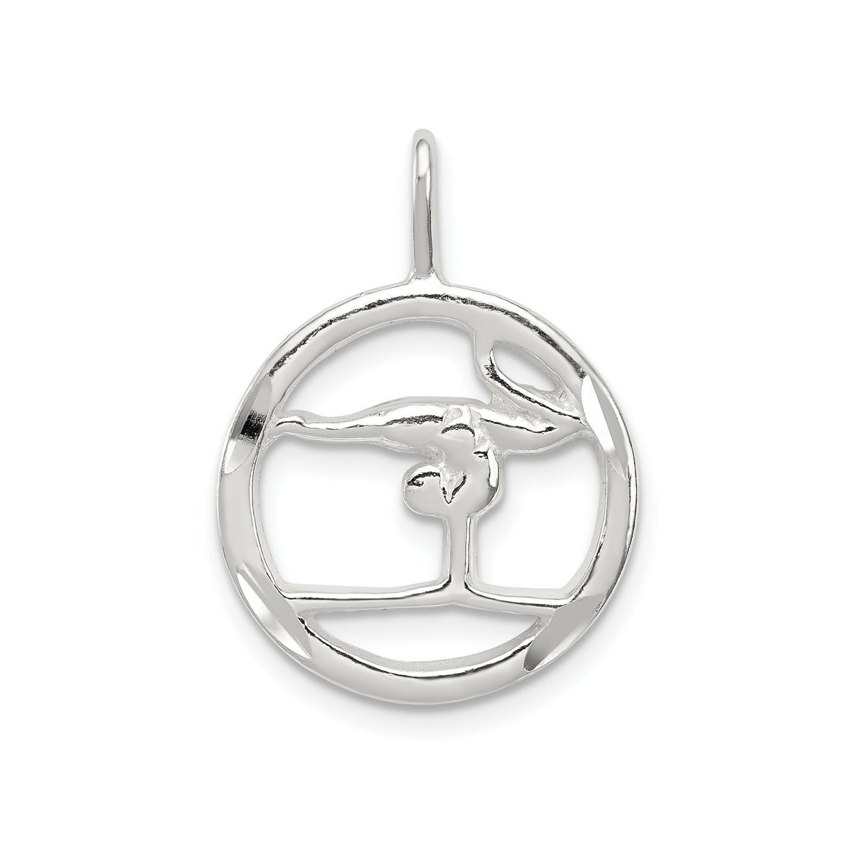 Sterling Silver Gymnast Pendant with Circle Frame Featuring Female Handstand on Balance Beam