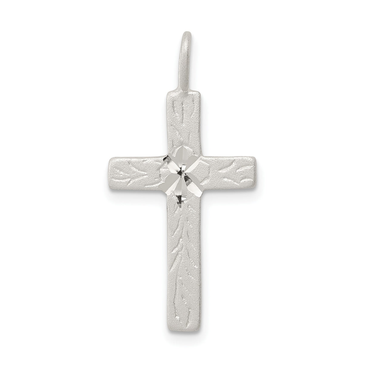 Sterling Silver Cross Pendant with Matte Finish and Etched Leaf Design