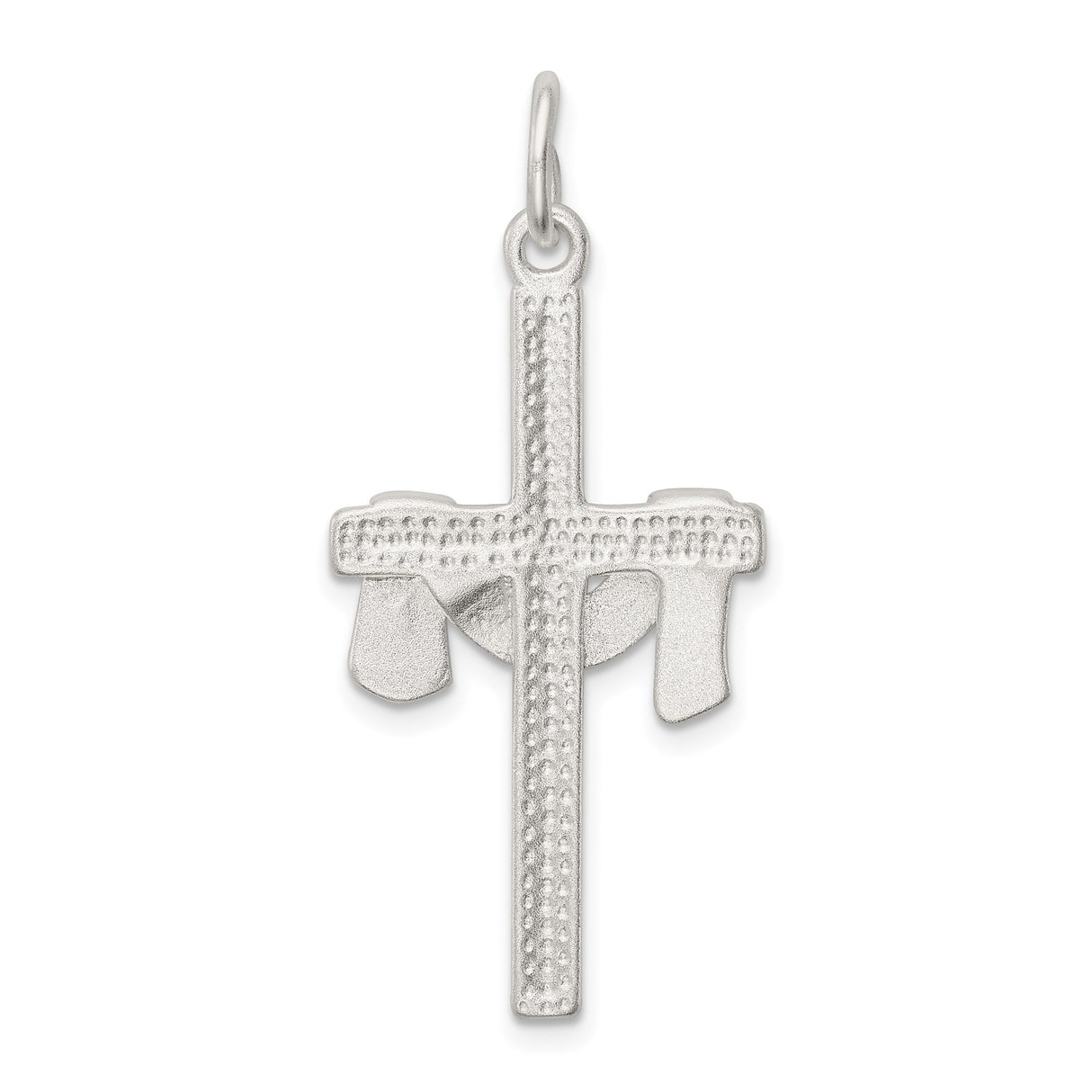 Sterling Silver Cross Pendant with Draped Robe Design, Satin Texture and High Polish Accents