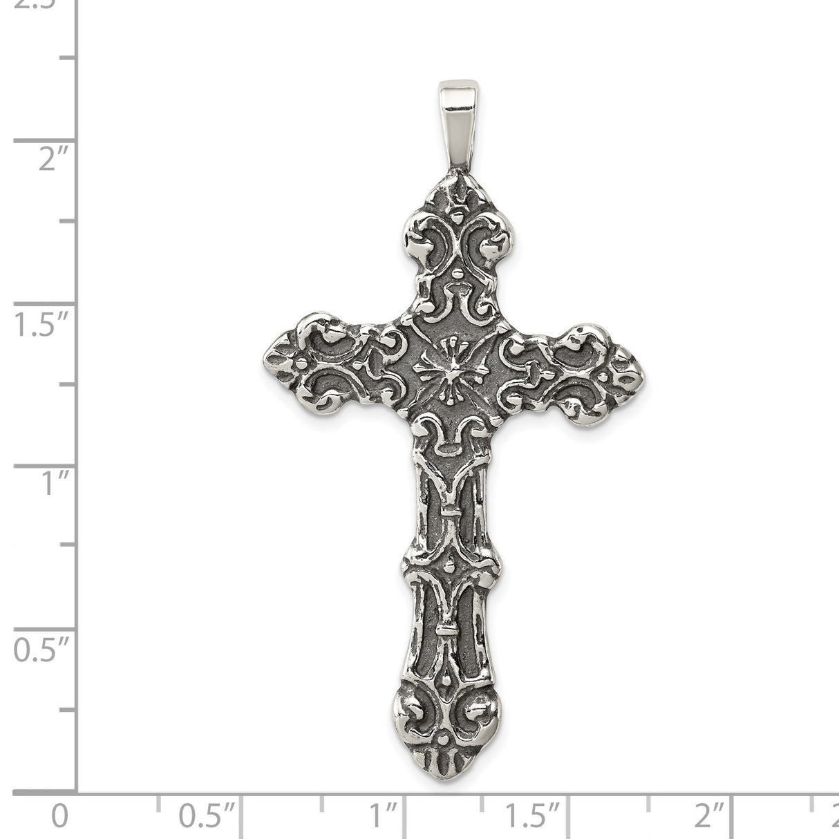Sterling Silver Cross Pendant with Baroque Detailing, Starburst Accent, and Scrollwork Design