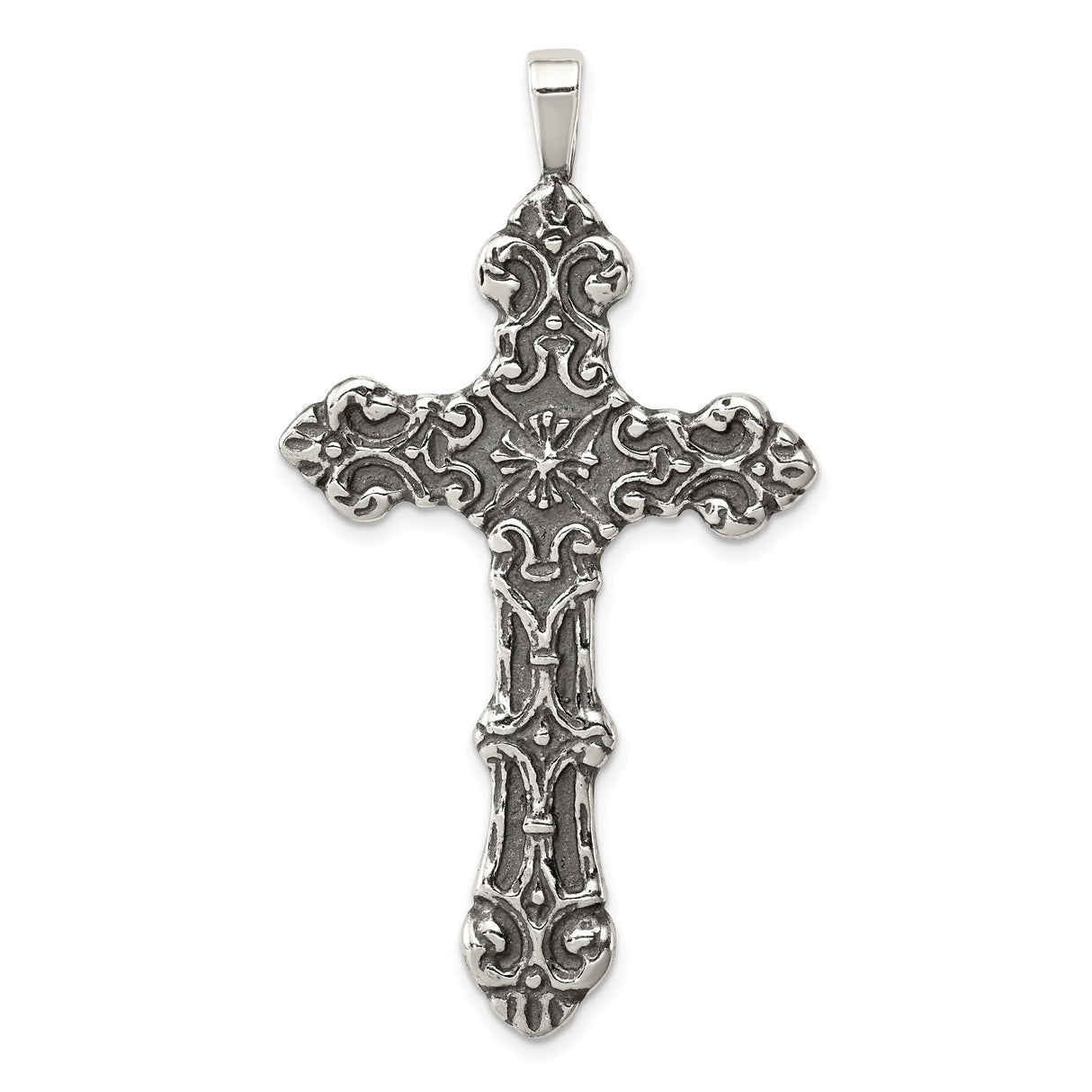 Sterling Silver Cross Pendant with Baroque Detailing, Starburst Accent, and Scrollwork Design