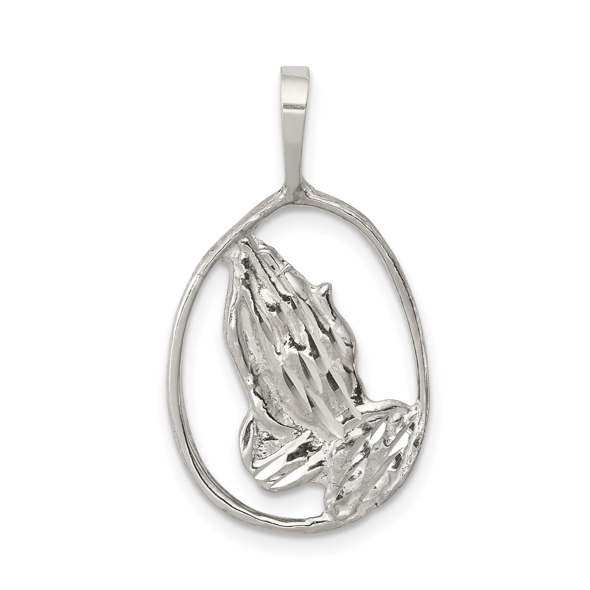 Sterling Silver Pendant with Praying Hands in Open Oval Frame, Christian Religious Jewelry