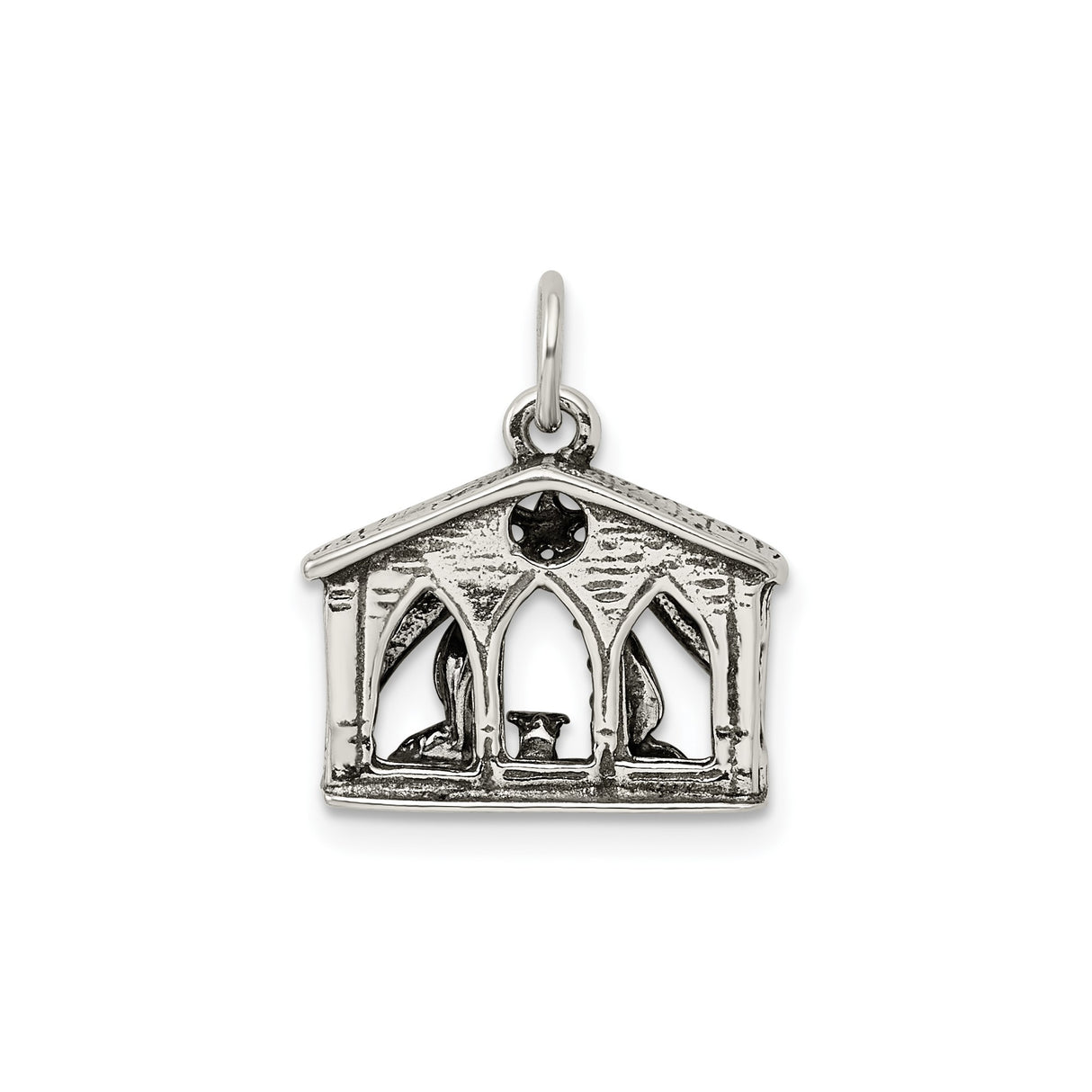 Sterling Silver Nativity Scene Pendant with Mary, Joseph, and Baby Jesus in Stable