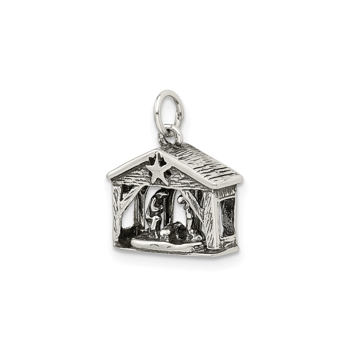 Sterling Silver Nativity Scene Pendant with Mary, Joseph, and Baby Jesus in Stable