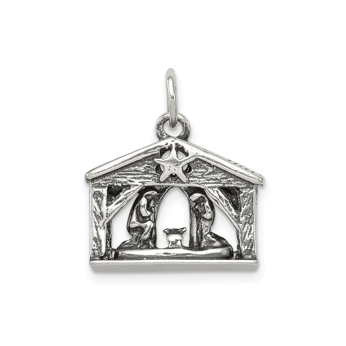 Sterling Silver Nativity Scene Pendant with Mary, Joseph, and Baby Jesus in Stable