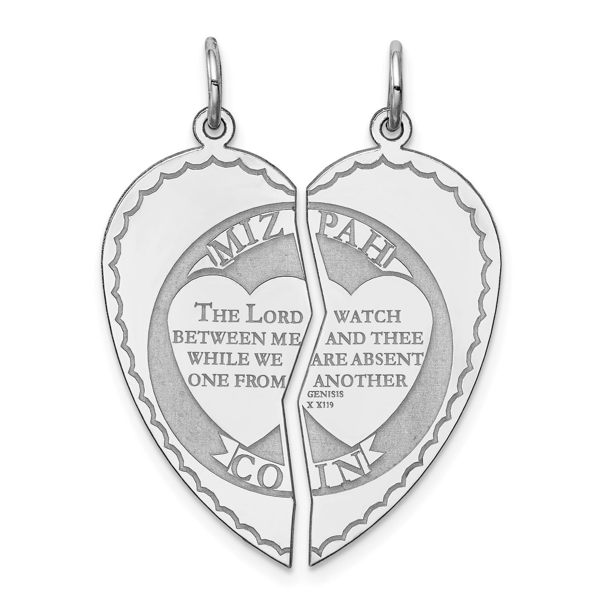Sterling Silver Mizpah Coin Pendant with Split Heart Design and Bible Verse from Genesis 31:49
