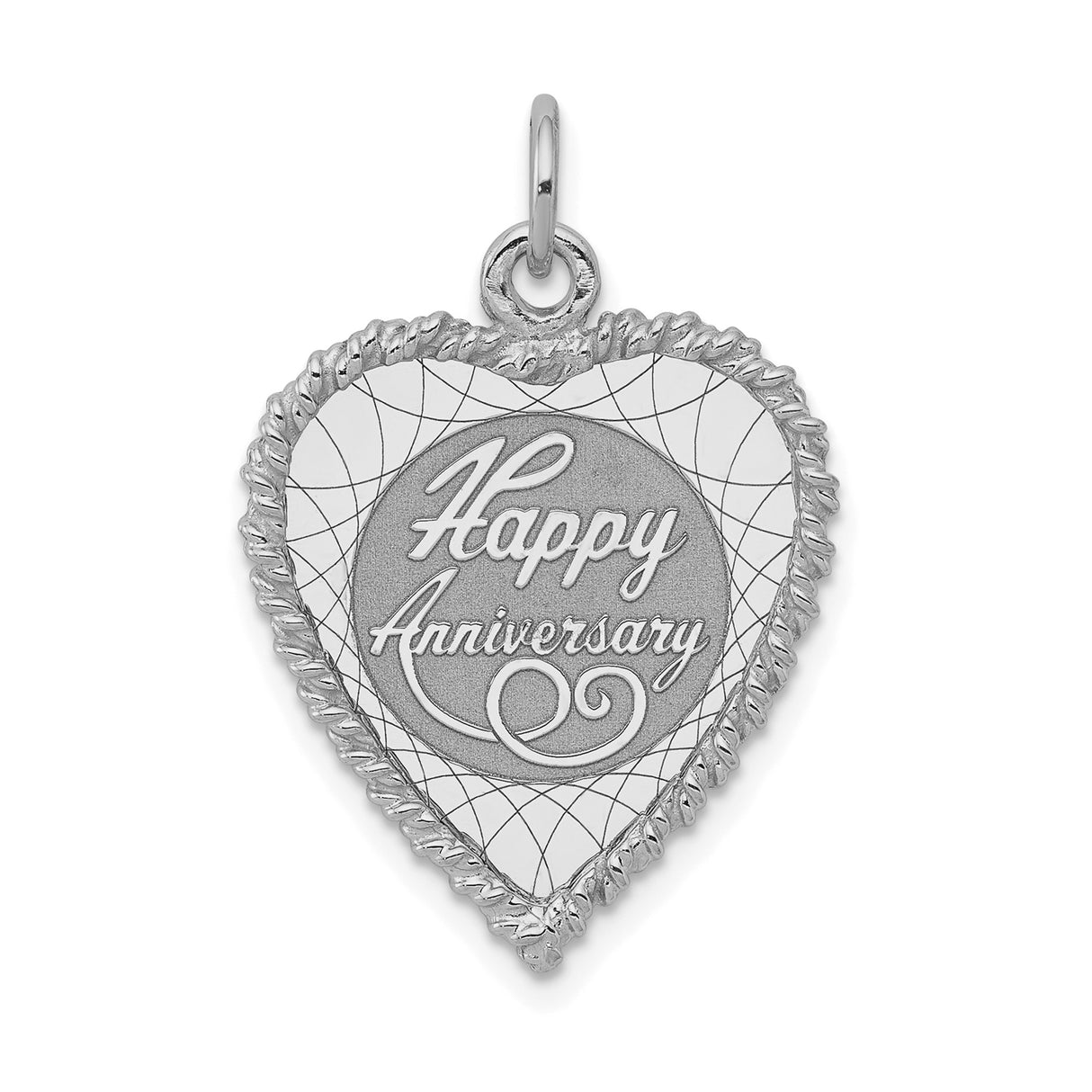 Sterling Silver Heart Pendant with Happy Anniversary Engraving and Etched Border