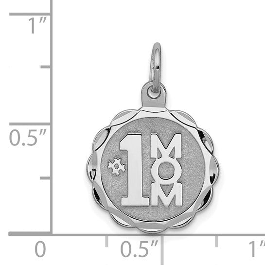 Sterling Silver Mom Pendant Charm with Scalloped Edge and Bold #1 Mom Lettering