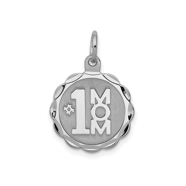 Sterling Silver Mom Pendant Charm with Scalloped Edge and Bold #1 Mom Lettering