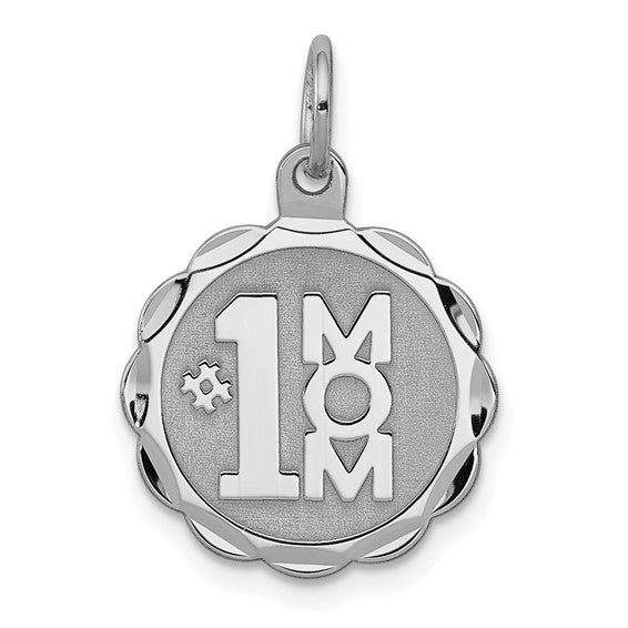 Sterling Silver Mom Pendant Charm with Scalloped Edge and Bold #1 Mom Lettering