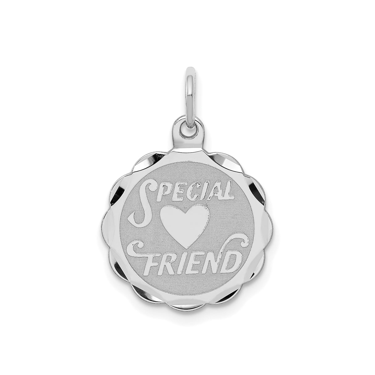 Sterling Silver Round Pendant with Brushed Center, Scalloped Edge, Special Friend and Heart Design