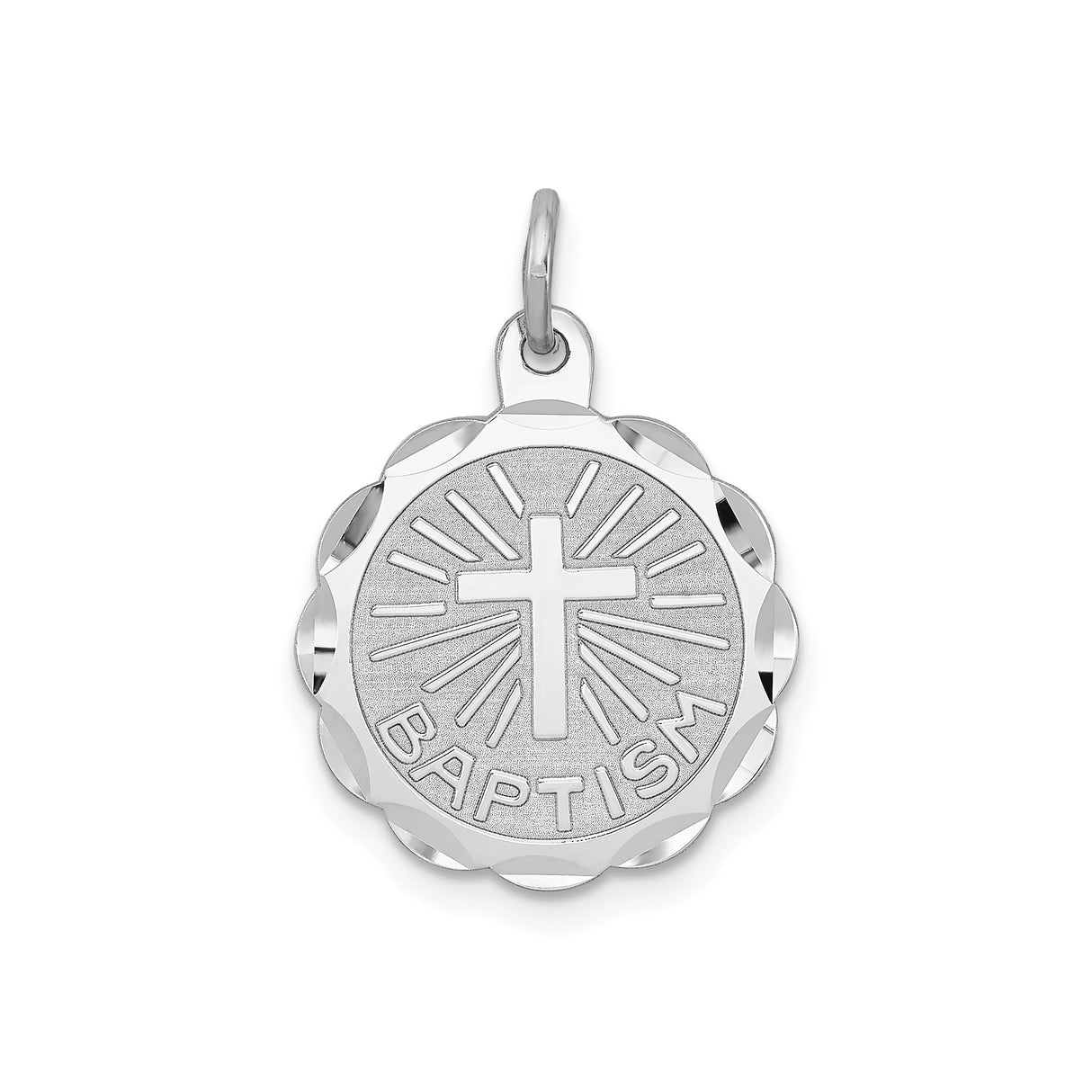 Sterling Silver Baptism Cross Pendant with Scalloped Border and Radiant Lines