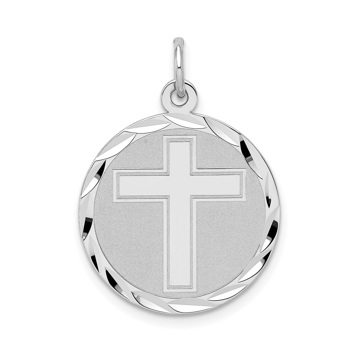Sterling Silver Cross Disc Pendant with Satin Finish and Beveled Edge Religious Charm