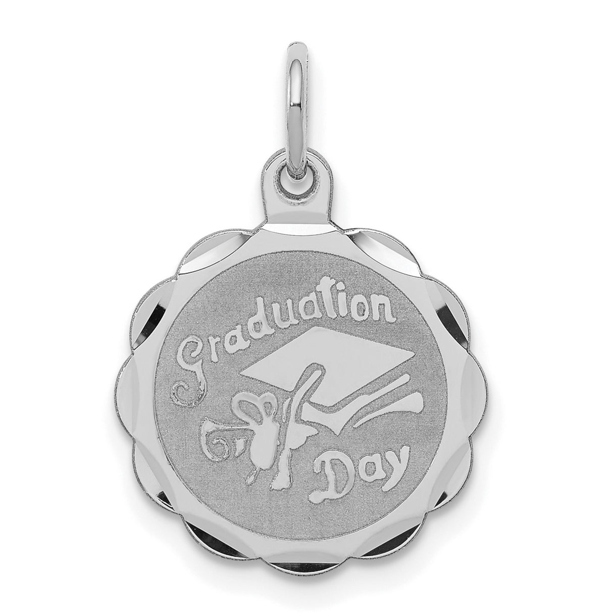 Graduation Day Words with Cap on Round Faceted Charm Pendant in Real 925 Sterling Silver