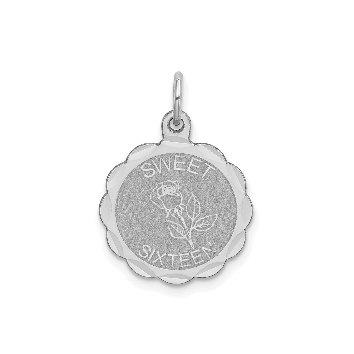 Sterling Silver Sweet Sixteen Pendant with Rose Design and Scalloped Border Charm