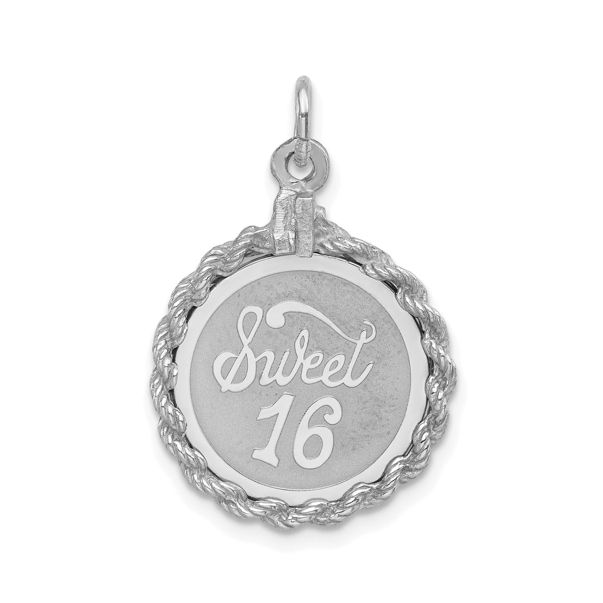 Sterling Silver Sweet Sixteen Pendant with Round Charm and Rope Border Detailing