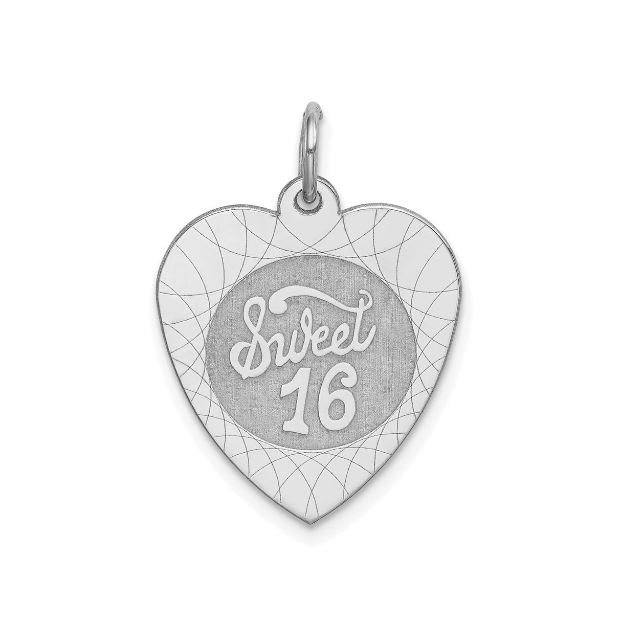 Sterling Silver Heart Pendant with Sweet 16 Engraving, Ornate Border, Teen Girl