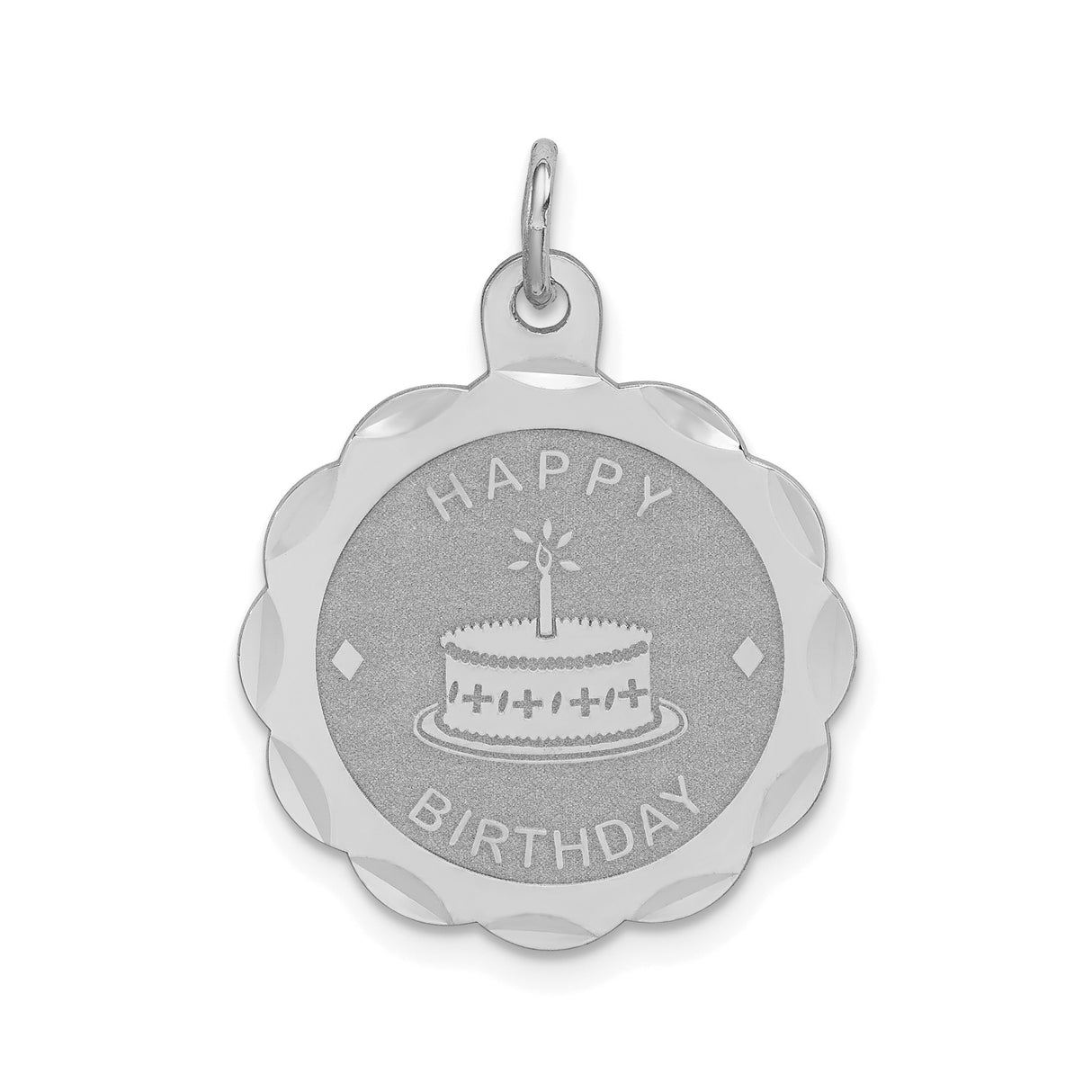 Sterling Silver Birthday Pendant with Cake and Candle, Scalloped Edge Charm