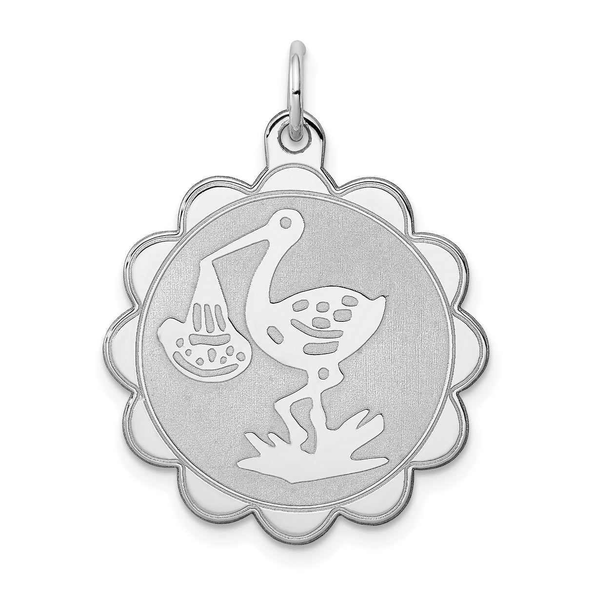 Sterling Silver Stork Pendant with Baby Bundle, Scalloped Round Motherhood Charm