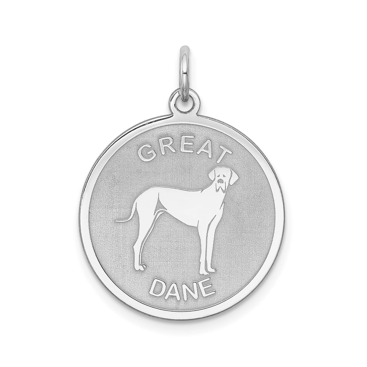 Sterling Silver Great Dane Pendant with Etched Silhouette and Text, Unisex Dog Charm