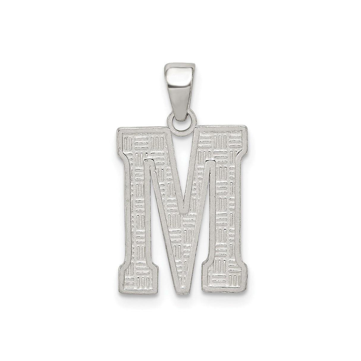 Sterling Silver Letter M Pendant, Textured Block Initial Charm with Patterned Finish
