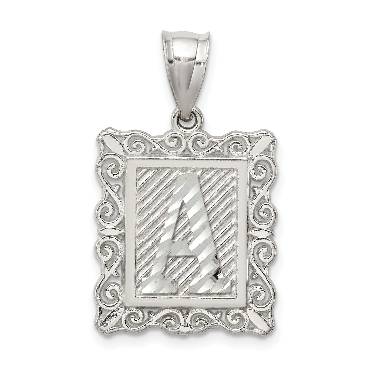 Sterling Silver Alphabet Pendant with Letter A, Striped Background and Scroll Frame