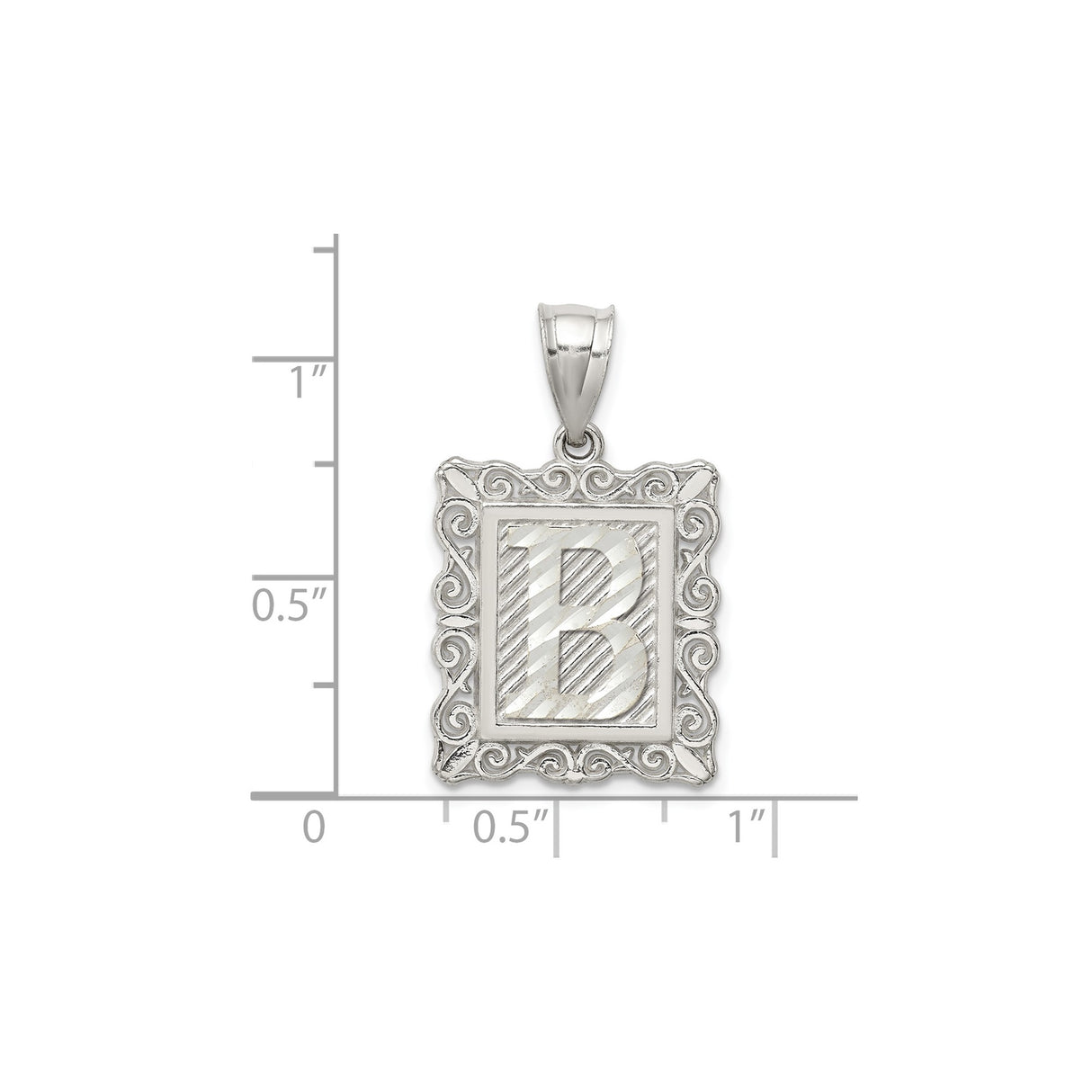 Sterling Silver B Initial Pendant with Textured Frame and Scrollwork Design