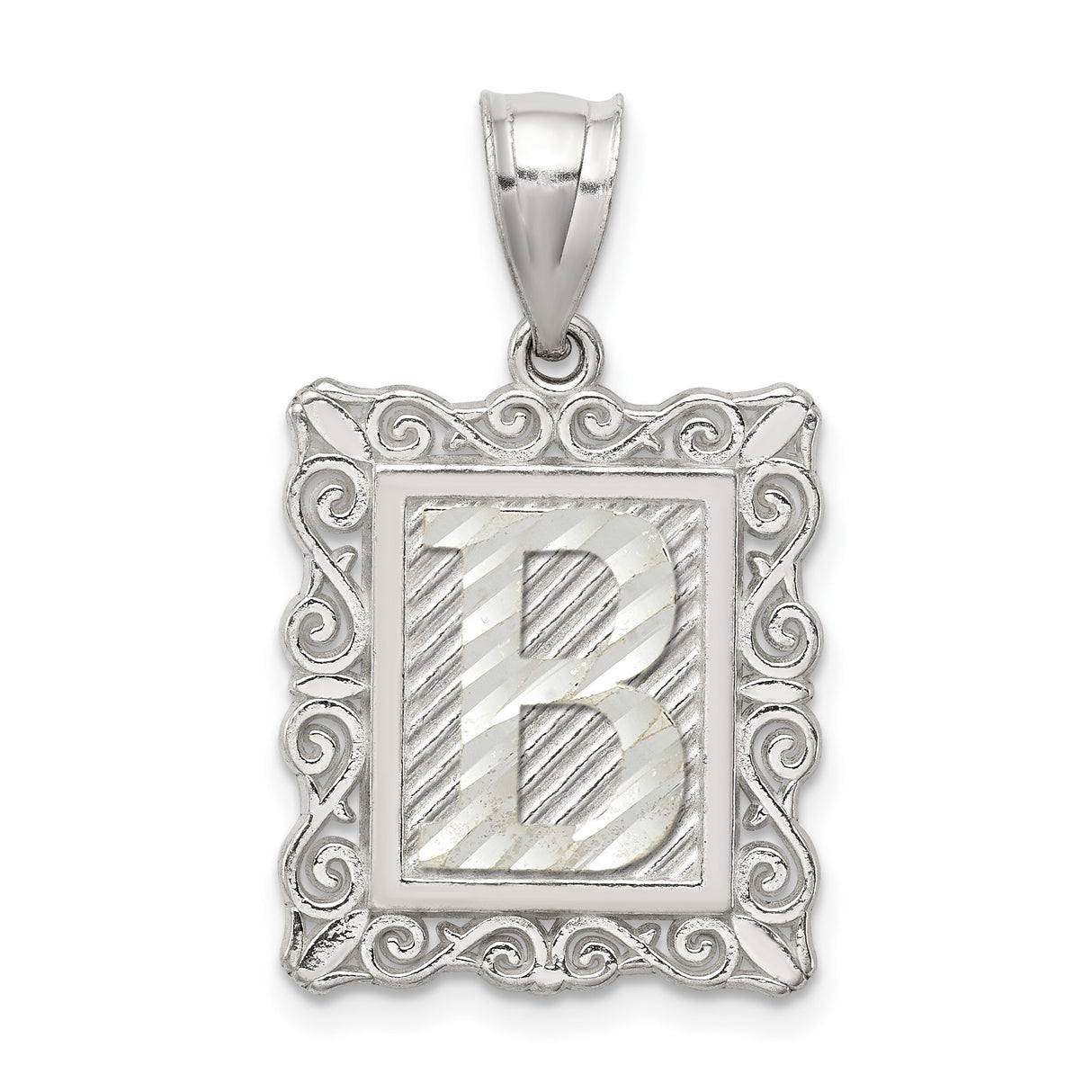 Sterling Silver B Initial Pendant with Textured Frame and Scrollwork Design