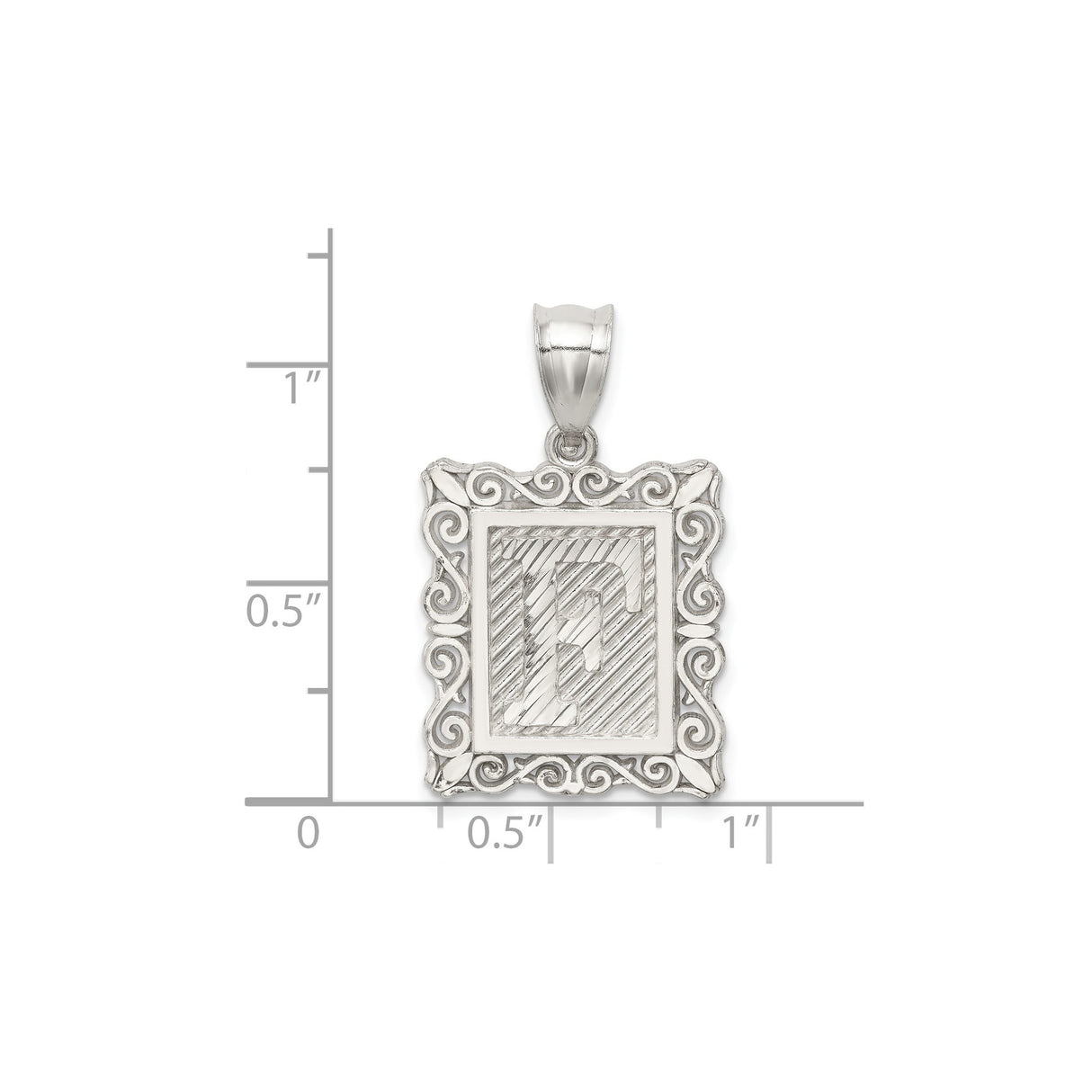 Sterling Silver Initial F Pendant with Textured Design and Scrollwork Border