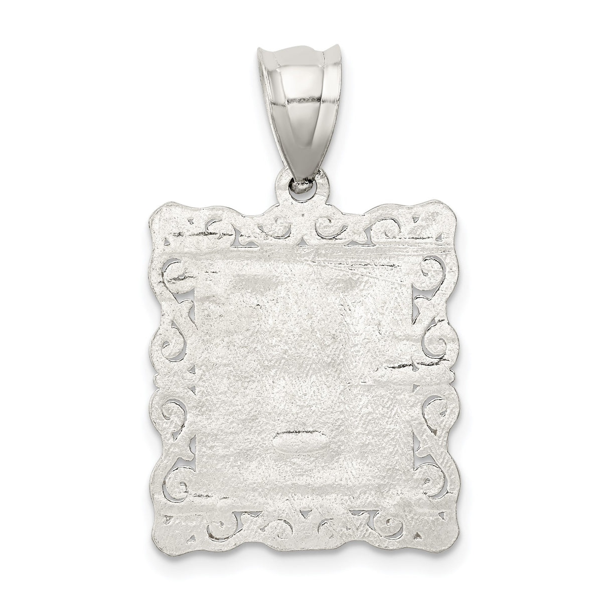 Sterling Silver Rectangle Pendant with Textured Letter E and Scroll Border