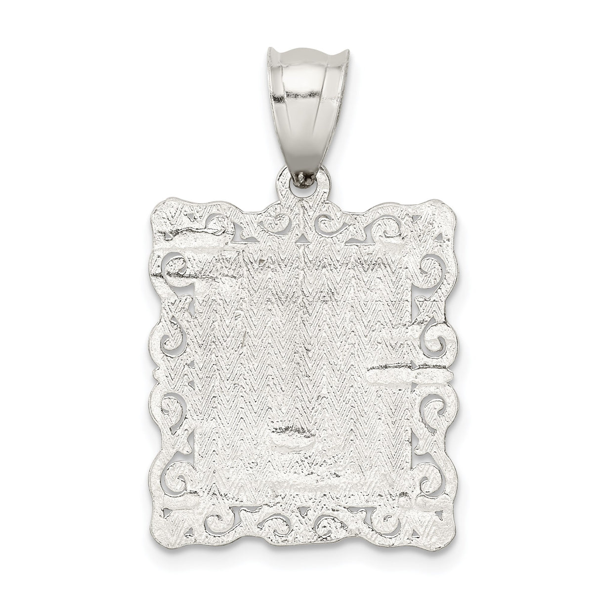 Sterling Silver Initial I Pendant with Textured Rectangle Frame and Scroll Design