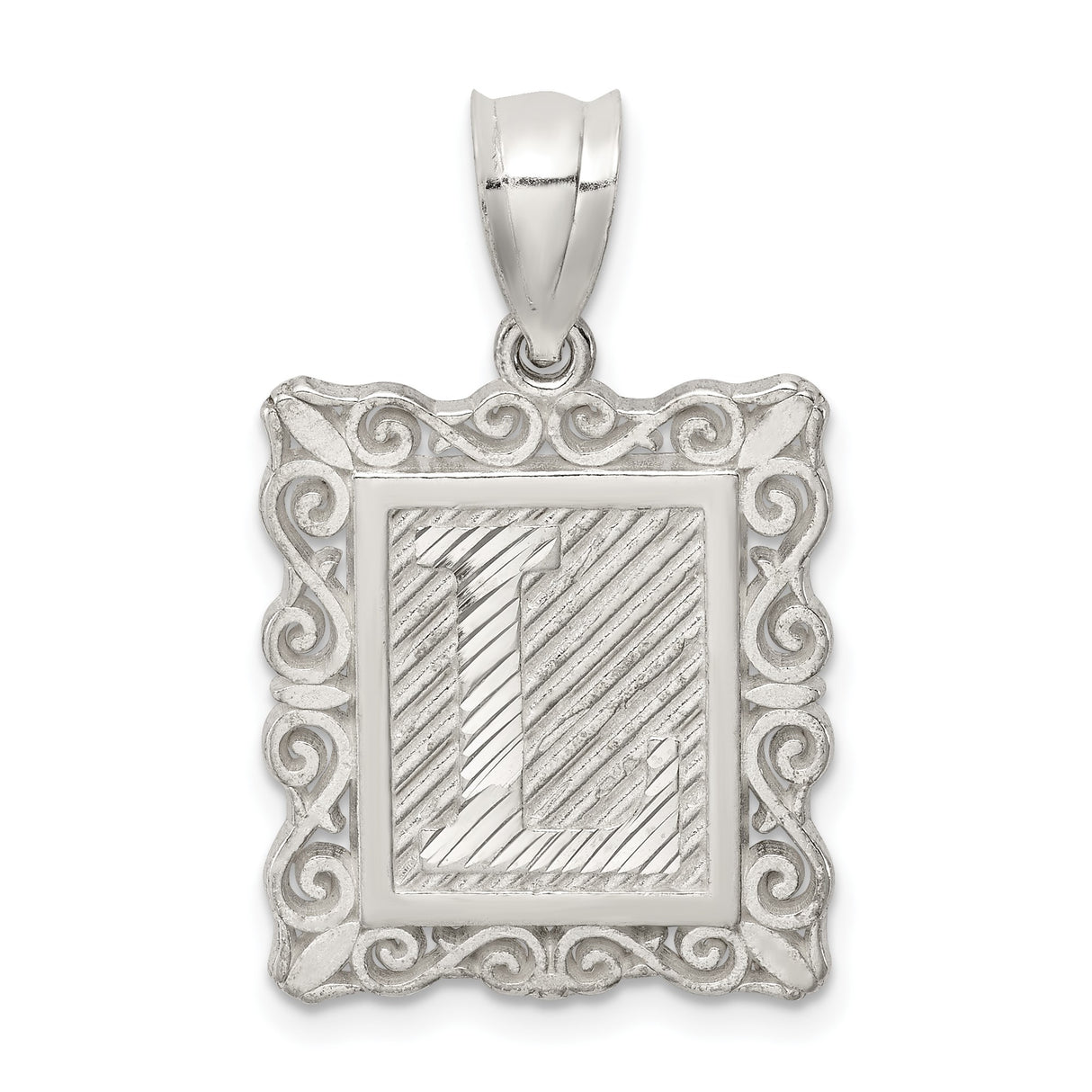 Sterling Silver Letter L Pendant with Textured Background and Scrollwork Border