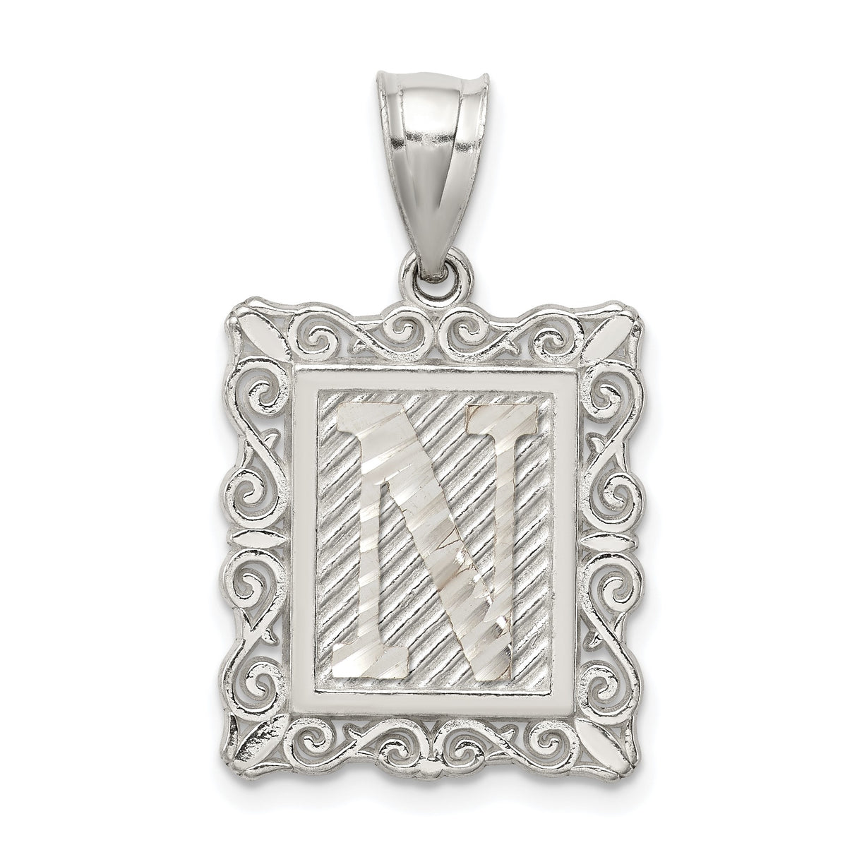 Sterling Silver Initial N Pendant with Textured Scroll Frame Monogram Charm