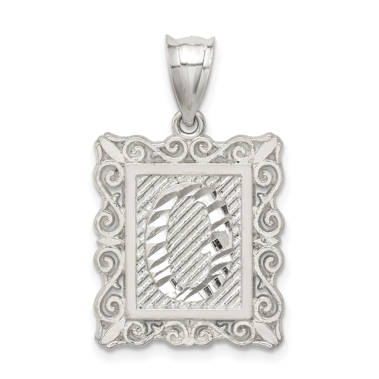 Sterling Silver Letter G Pendant with Textured Rectangle Frame and Scroll Detailing