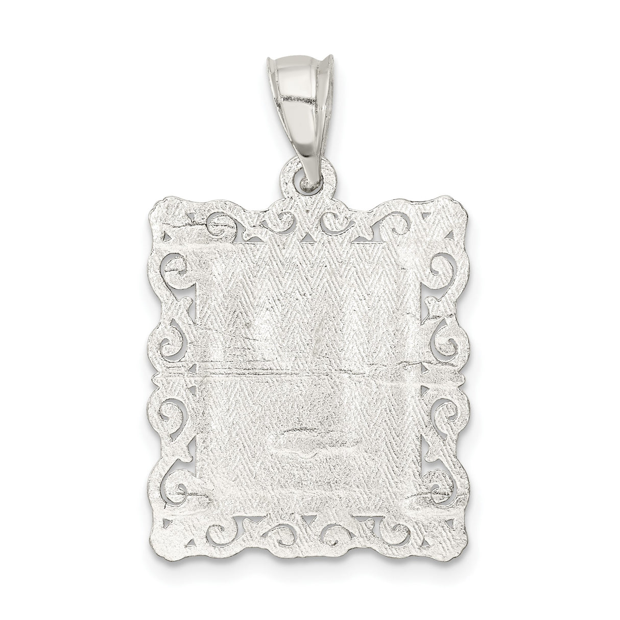 Sterling Silver Rectangular Pendant with Letter P, Textured Background, Scroll Border