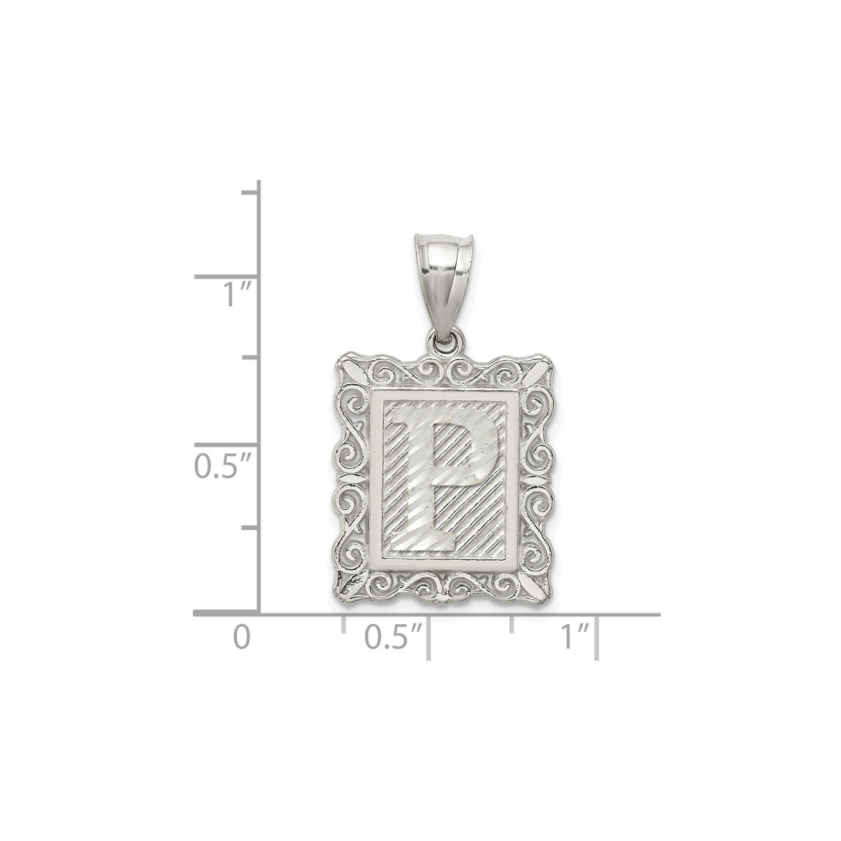 Sterling Silver Rectangular Pendant with Letter P, Textured Background, Scroll Border