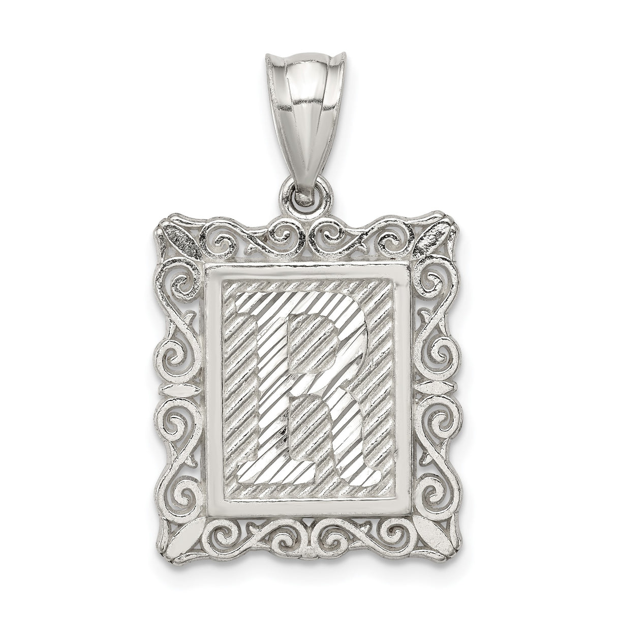 Sterling Silver Pendant, Initial R with Textured Striped Design and Ornate Scroll Frame