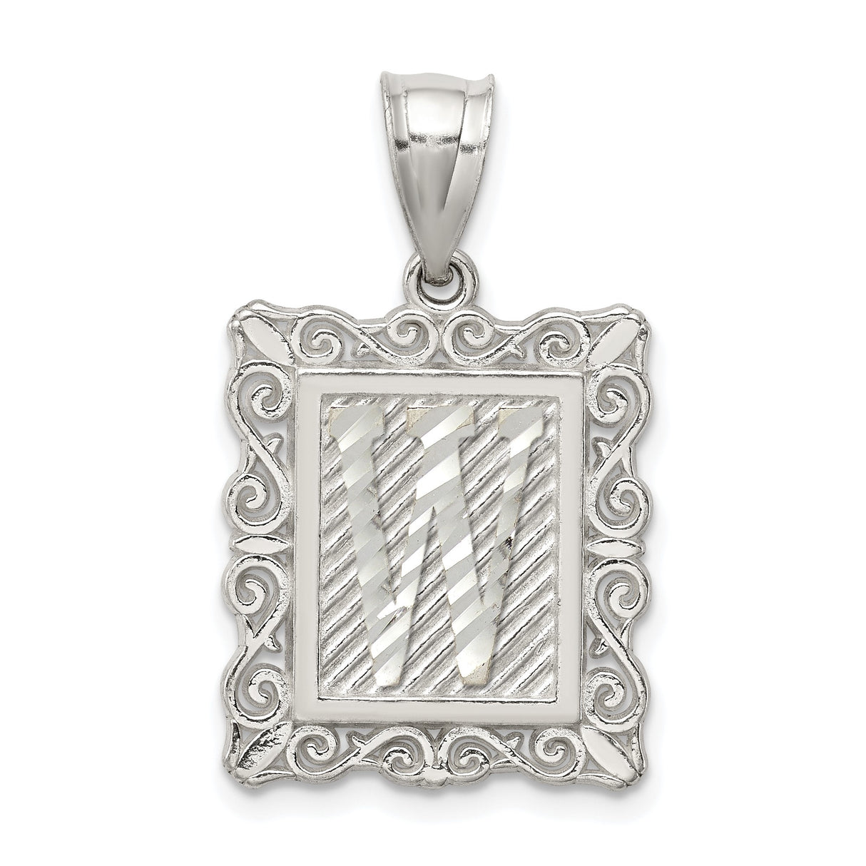 Sterling Silver Initial W Pendant, Rectangle Letter Charm with Scrollwork Border