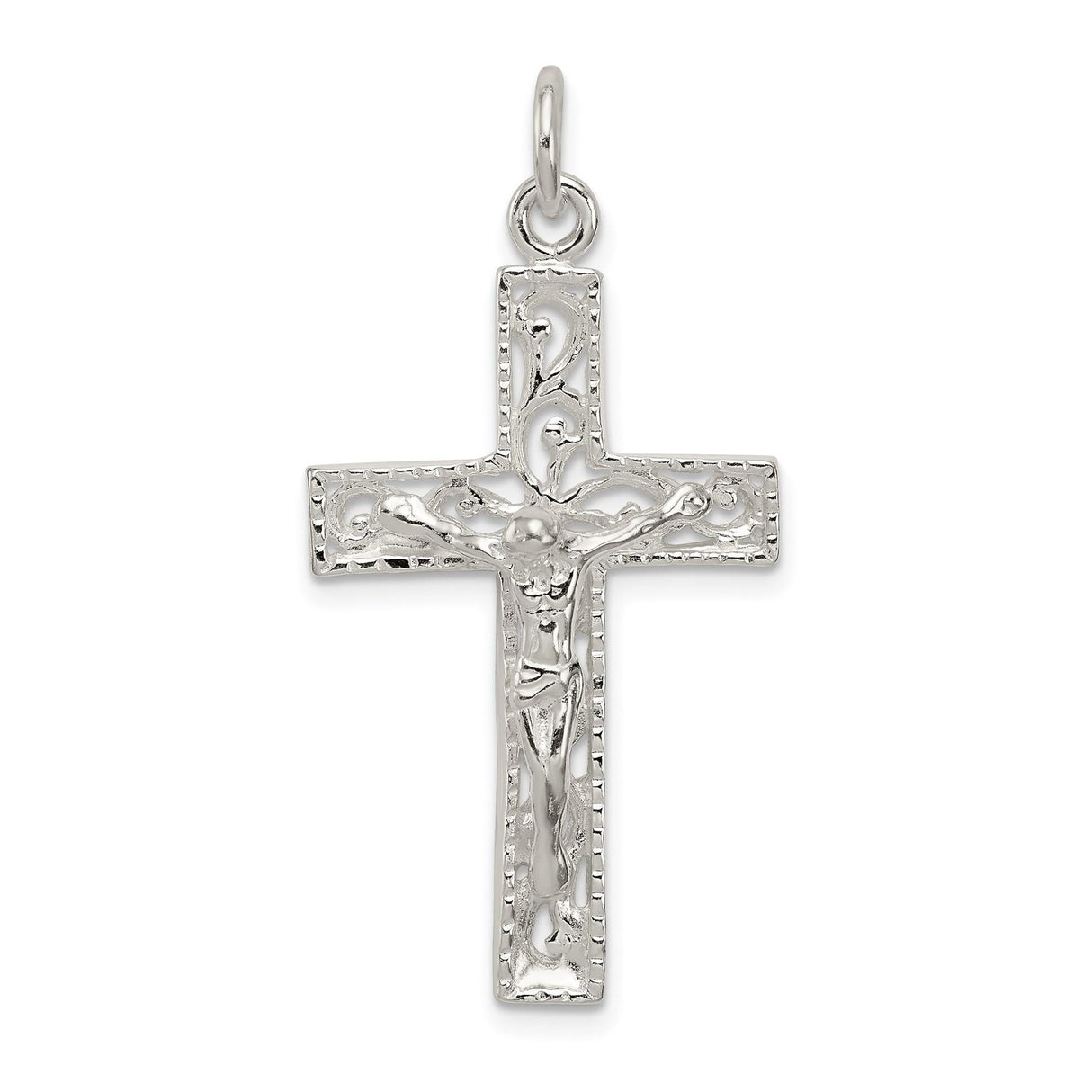 Sterling Silver Crucifix Pendant with Ornate Filigree Cross and INRI Detail