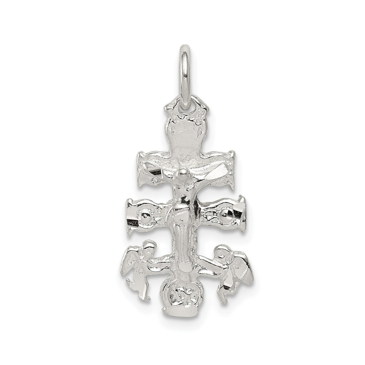 Sterling Silver Crucifix Cross Pendant with Jerusalem Design and Sculpted Angel Details