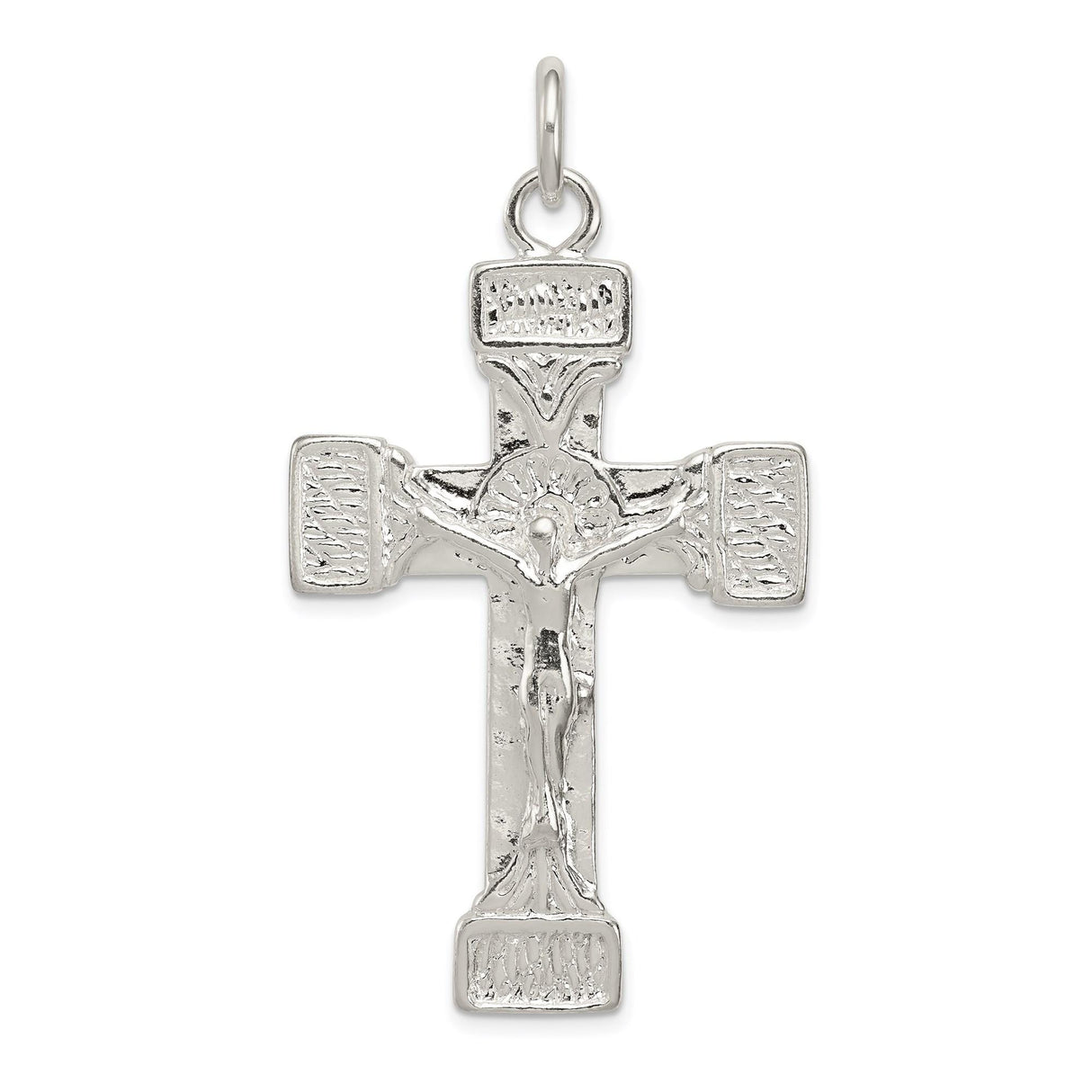 Sterling Silver Crucifix Pendant with Dimensional Latin Cross and Christ Figure Religious Design