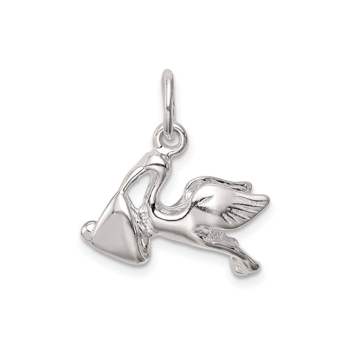 Sterling Silver Stork Charm Pendant Featuring Flying Bird and Baby Bundle, Maternity Theme